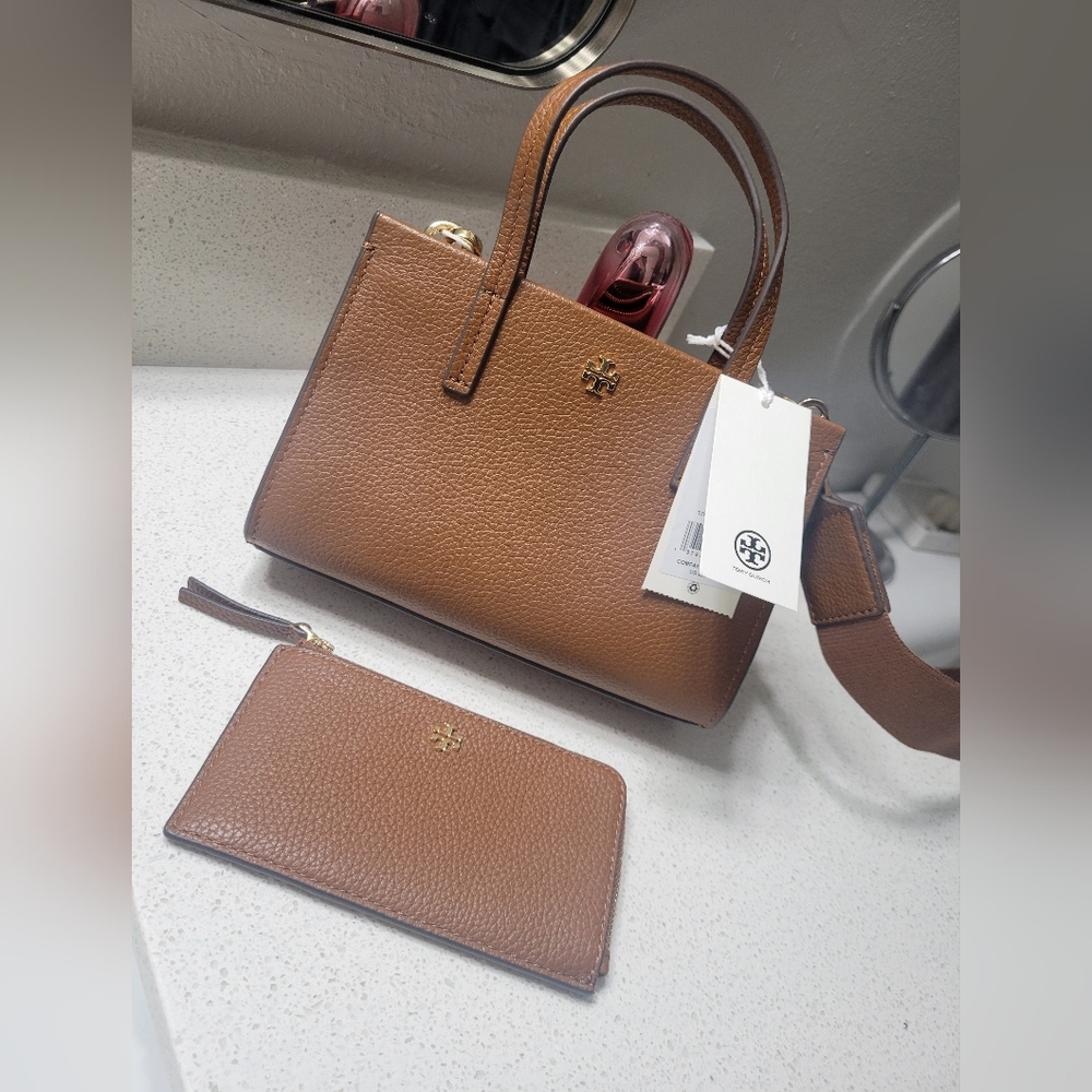 Tory Burch Brown Pebbled Leather Tote with Wristlet